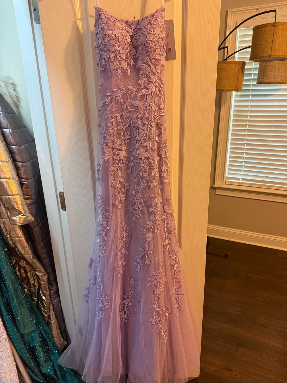 Sherri Hill Lavender Strapless Floral Appliqué Prom Gown